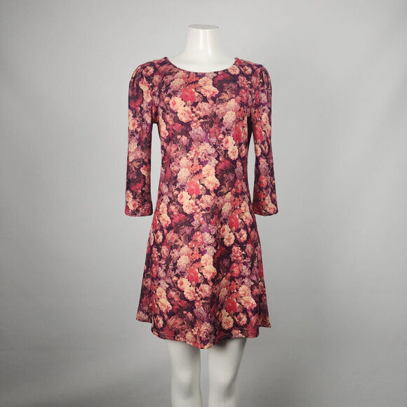 Papillion Pink Floral Puff Sleeve Long Sleeve Mini Dress Size M - Picture 1 of 10